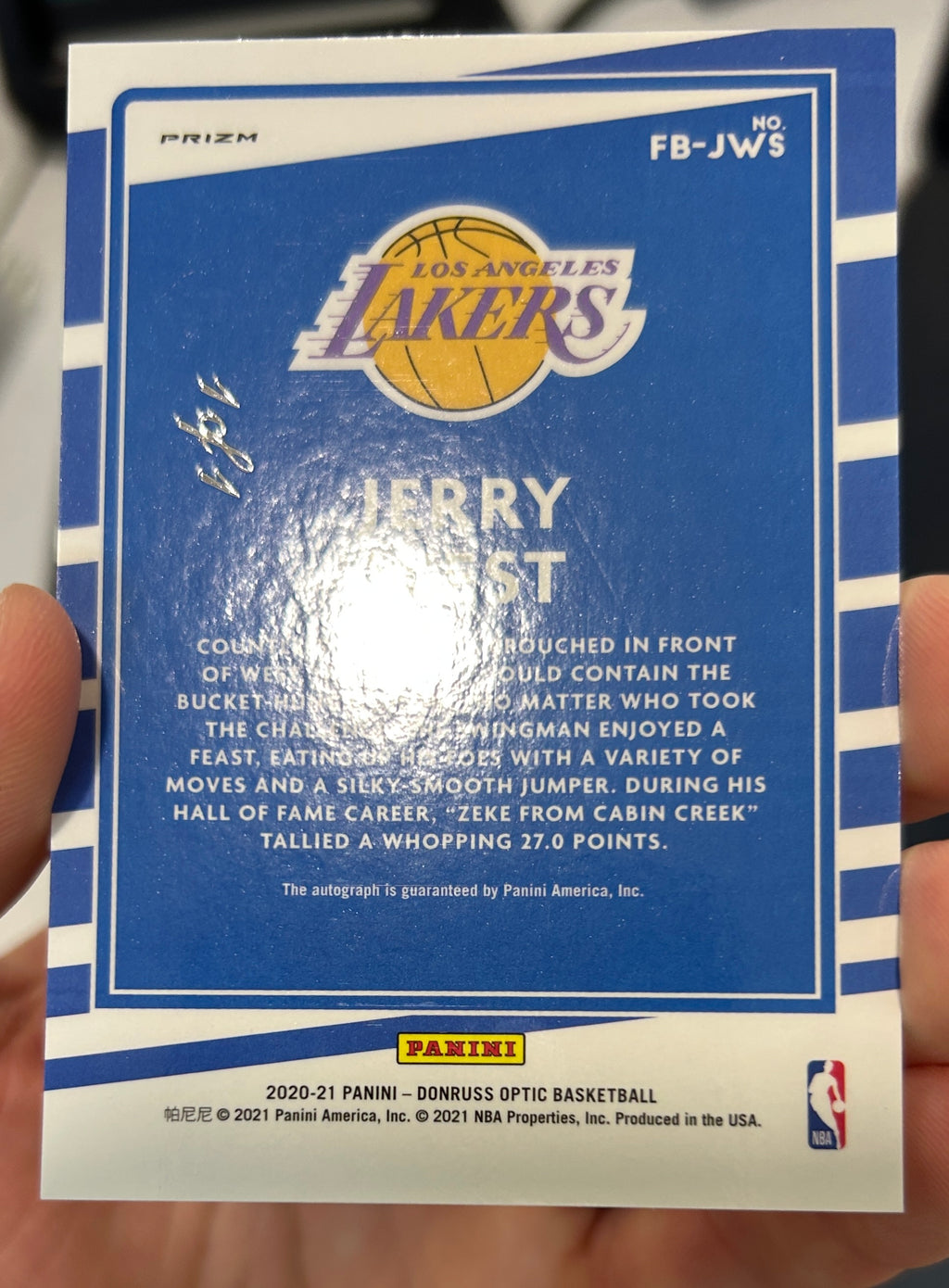 JERRY WEST 2020-21 Panini Donruss Optic Fast Break Auto Black Prizm 1/1 Lakers