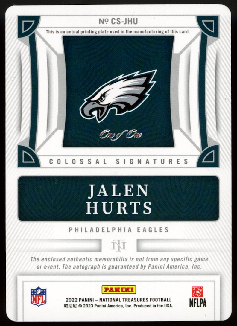 JALEN HURTS 2023 Panini National Treasures Patch Auto Printing Plate 1/1 Eagles