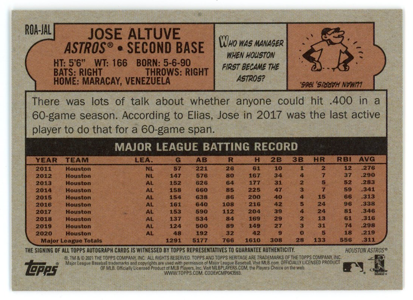 JOSE ALTUVE 2021 Topps Heritage Real One Auto Blue Ink #ROA-JAL Astros