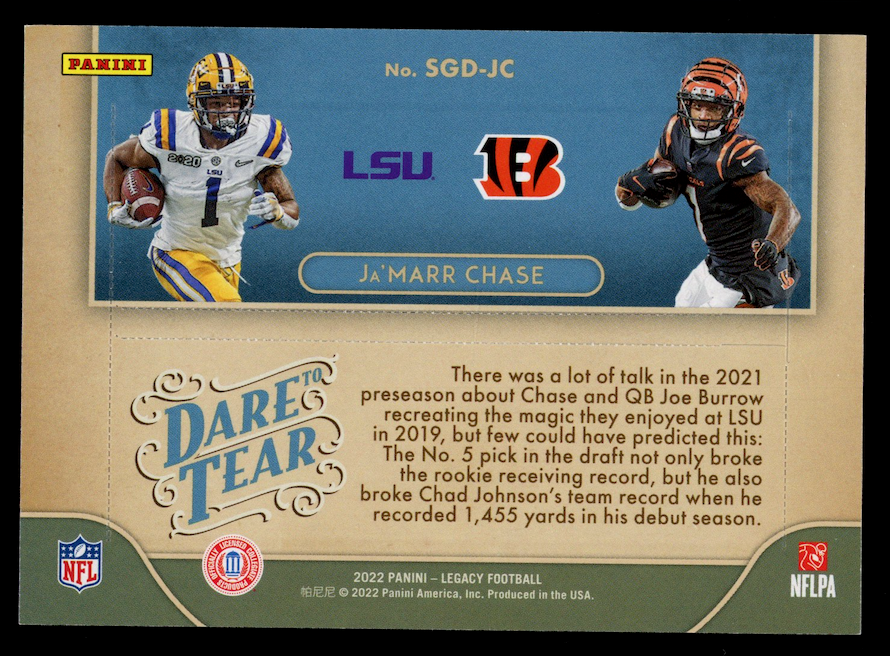 JA'MARR CHASE 2022 Panini Legacy Dare to Tear UNRIPPED /65 #SGD-JC Bengals