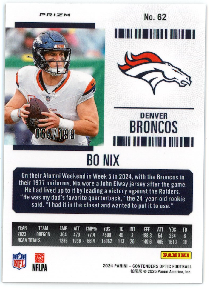 BO NIX 2024 Panini Contenders Optic Rookie Ticket Red Prizm /199 Broncos #62