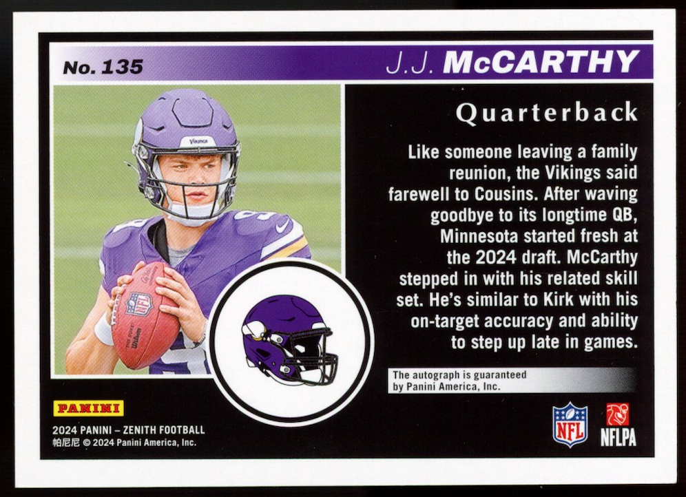 J.J. MCCARTHY 2024 Panini Zenith Red Zone Rookie Auto /49 #135 Vikings