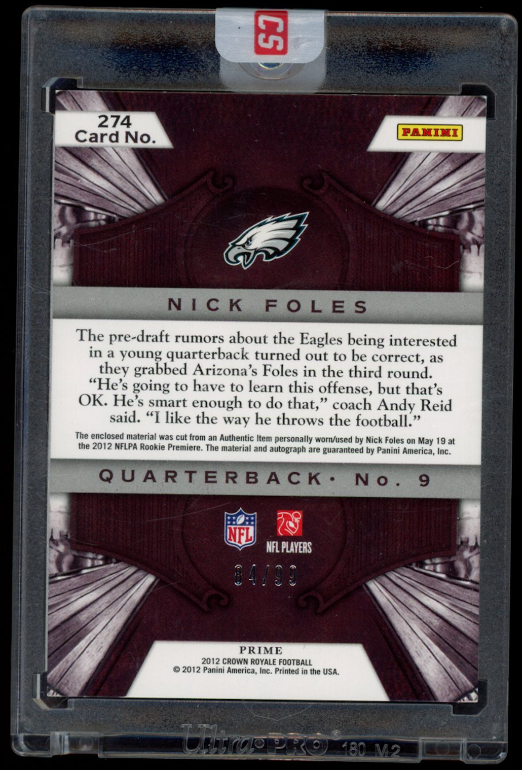 NICK FOLES 2012 Panini Crown Royale Rookie Patch Auto Prime /99 #274 Eagles