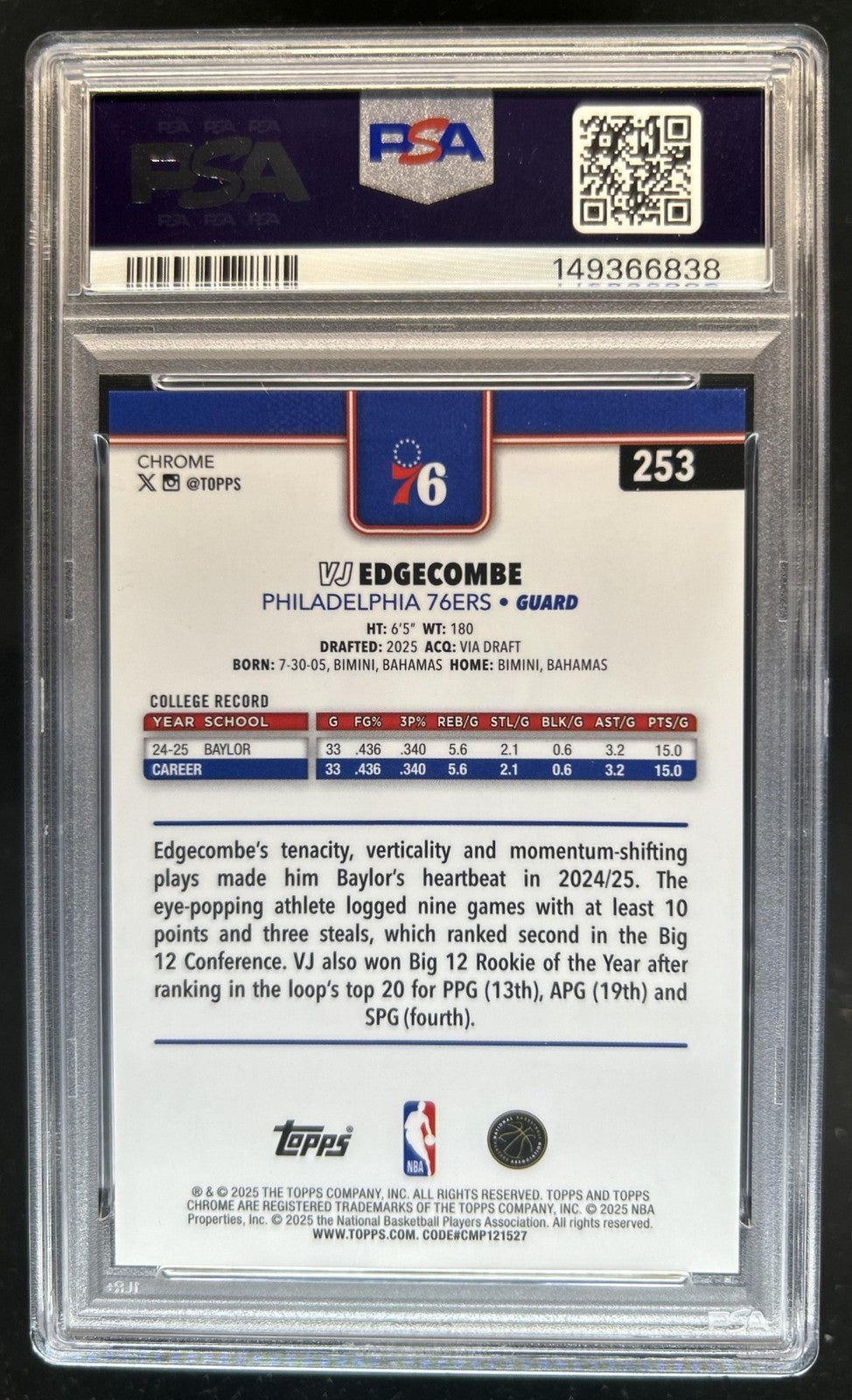 VJ EDGECOMBE 2025-26 Topps Chrome Rookie Gold Geometric Refractor /50 PSA 8