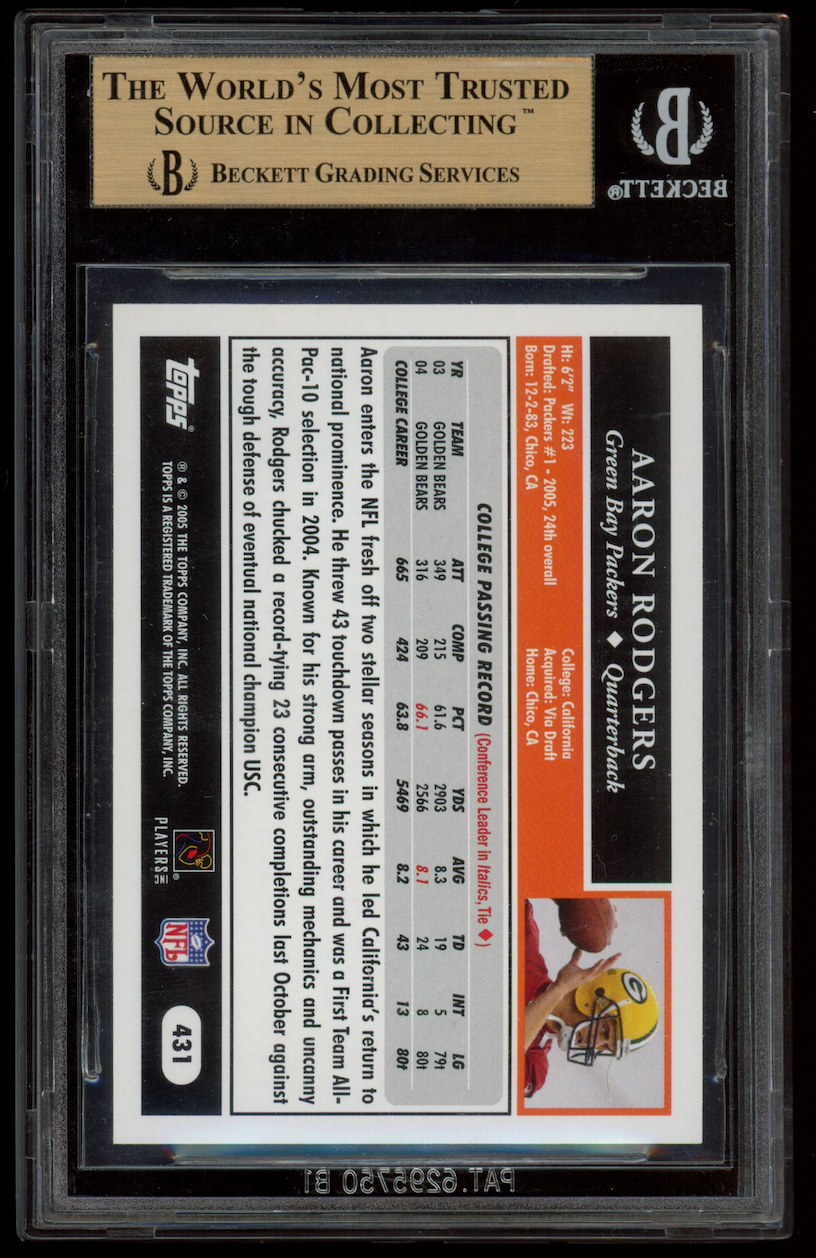 AARON RODGERS 2005 Topps Rookie Card #431 BGS 9.5 Packers