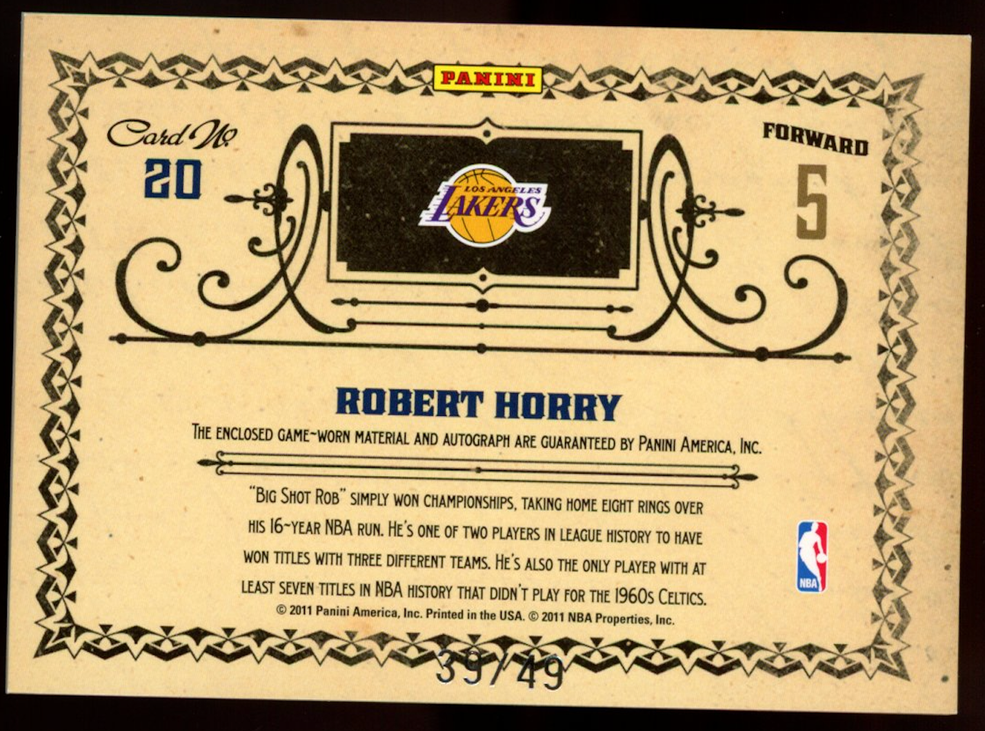ROBERT HORRY 2011 Panini Gold Standard Champions Patch Auto /49 Lakers
