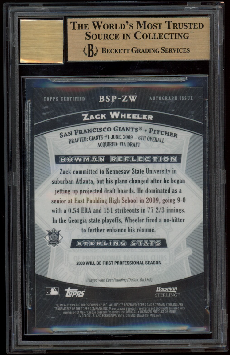 ZACK WHEELER 2009 Bowman Sterling Prospects Auto #ZW BGS 10 PRISTINE Giants