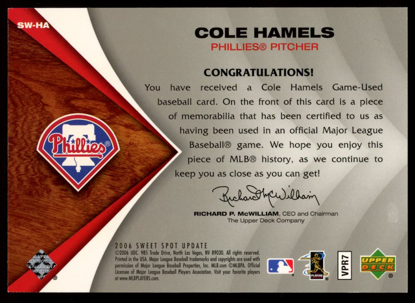 COLE HAMELS 2006 Upper Deck Sweet Spot Game-Used Swatches Quad Patch Phillies