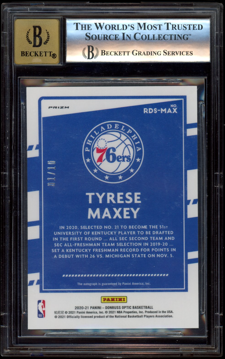TYRESE MAXEY 2020-21 Donruss Optic Rookie Dominators Auto Gold Prizm /10 BGS 8.5