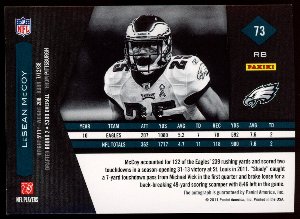 LESEAN MCCOY 2011 Panini Limited Monikers Holo Gold Auto /5 #73 Eagles