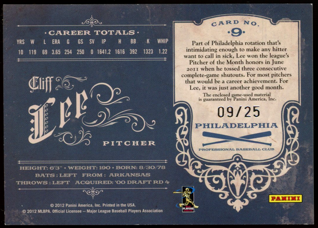 CLIFF LEE 2012 Panini Prime Cuts Authentic Game Used Patch /25 Phillies #9