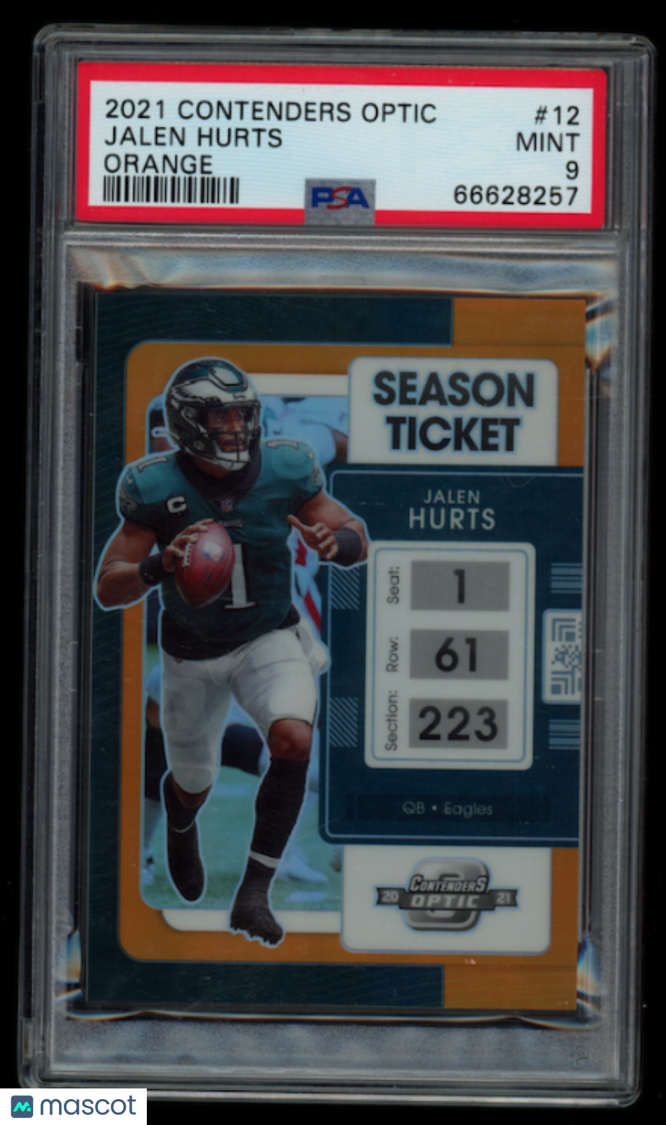 JALEN HURTS 2021 Panini Contenders Optic Season Ticket Orange Prizm /50 PSA 9