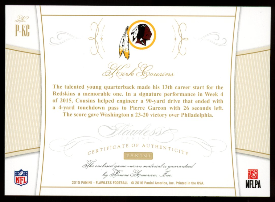 KIRK COUSINS 2015 Panini Flawless Game Worn Patch Gold /10 Redskins #P-KC