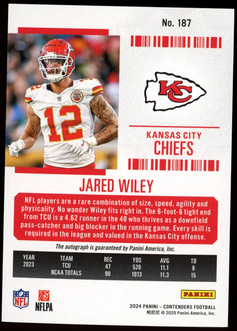 JARED WILEY 2024 Panini Contenders Rookie Ticket Cracked Ice Auto /25 #187