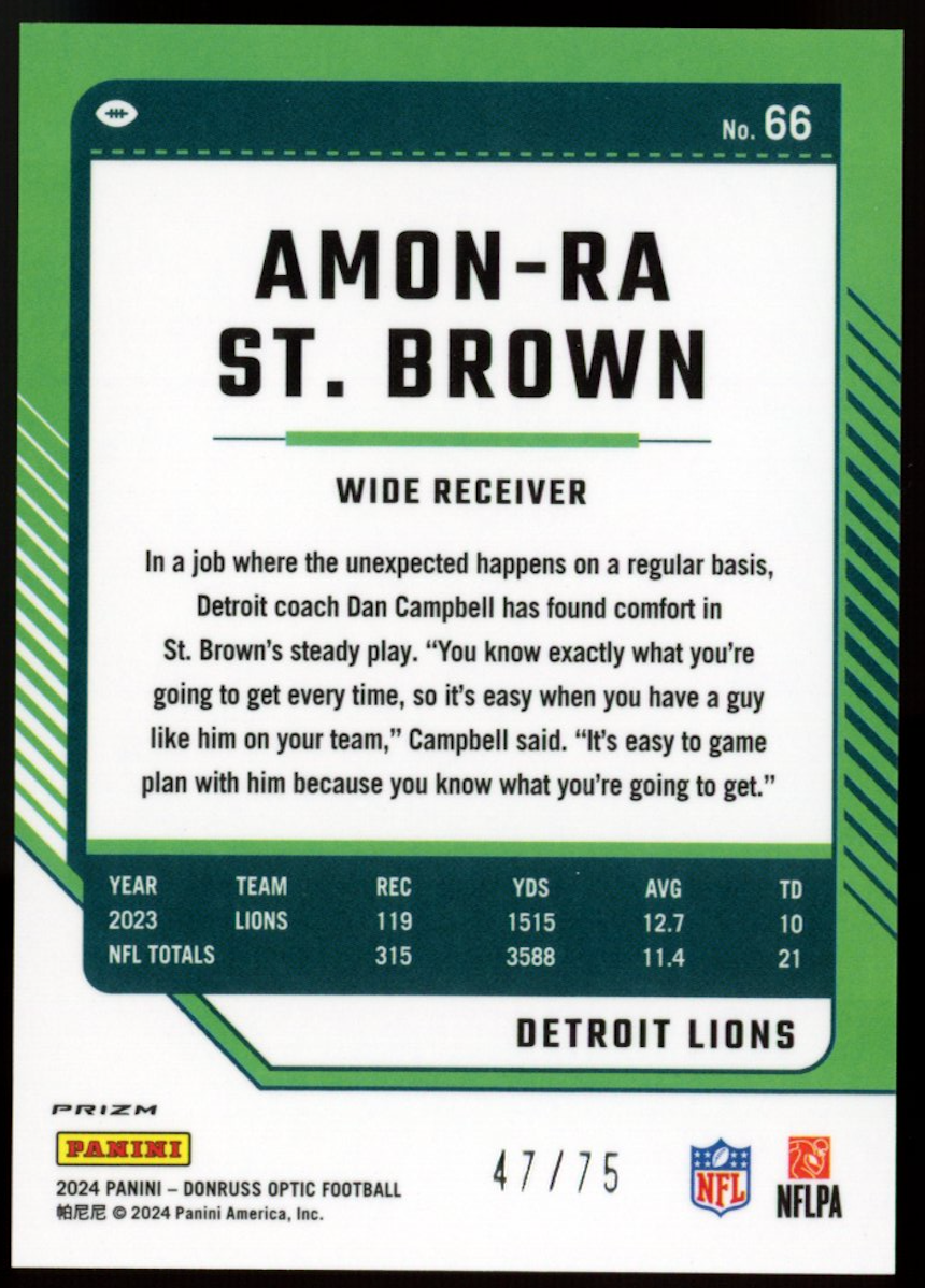 AMON-RA ST. BROWN 2024 Panini Donruss Optic Electricity Prizm /75 Lions #66