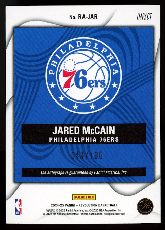 JARED MCCAIN 2024-25 Panini Revolution Rookie Auto Impact /100 #RA-JAR 76ers