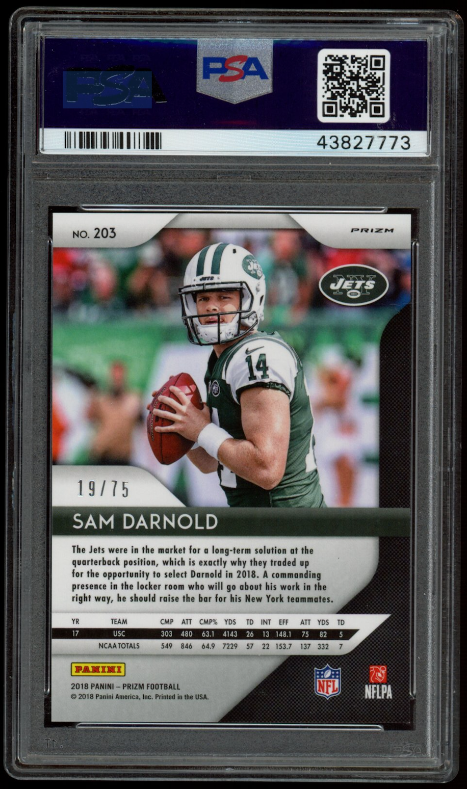 SAM DARNOLD 2018 Panini Prizm Rookie Green Crystals /75 #203 PSA 10 Jets