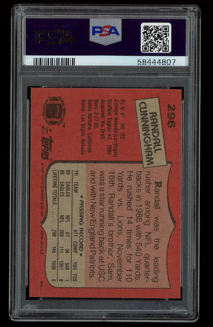 RANDALL CUNNINGHAM 1987 Topps Rookie Signed #296 PSA 8 Auto 10 Eagles