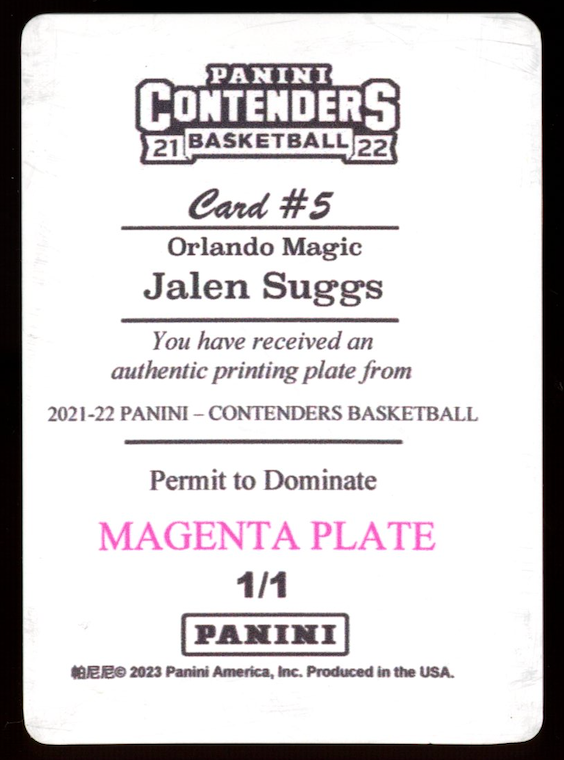 JALEN SUGGS 2021-22 Panini Contenders Permit to Dominate 1/1 Printing Plate RC