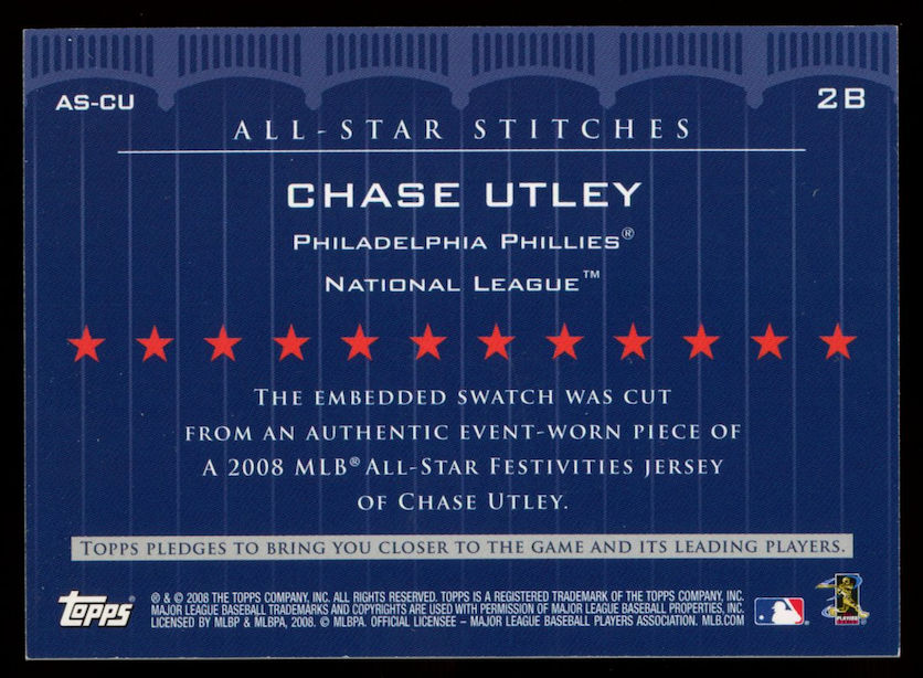 CHASE UTLEY 2008 Topps All-Star Stitches #AS-CU Event-Worn Jersey Phillies