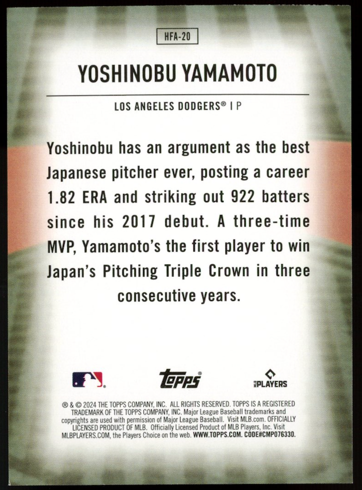 YOSHINOBU YAMAMOTO 2024 Topps Home Field Advantage Rookie SSP #HFA-20 Dodgers