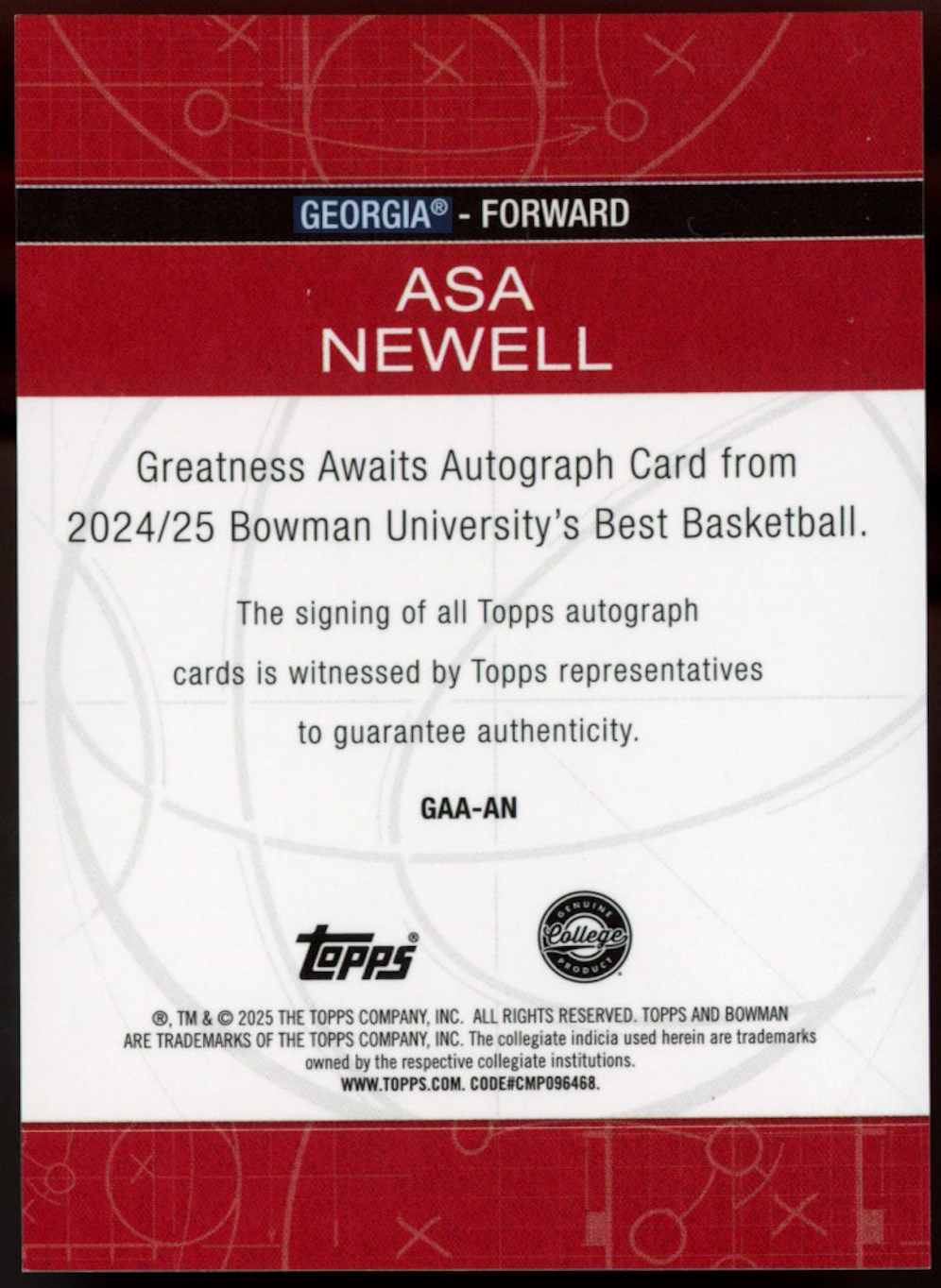 ASA NEWELL 2024-25 Bowman U Best White Geometric Refractor Auto /5 Georgia