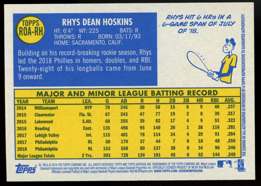 RHYS HOSKINS 2019 Topps Heritage Real One Red Ink Auto /70 #ROA-RH Phillies