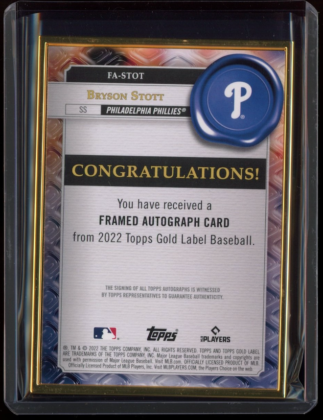 BRYSON STOTT 2022 Topps Gold Label Rookie Framed Auto Phillies RC #FA-STOT