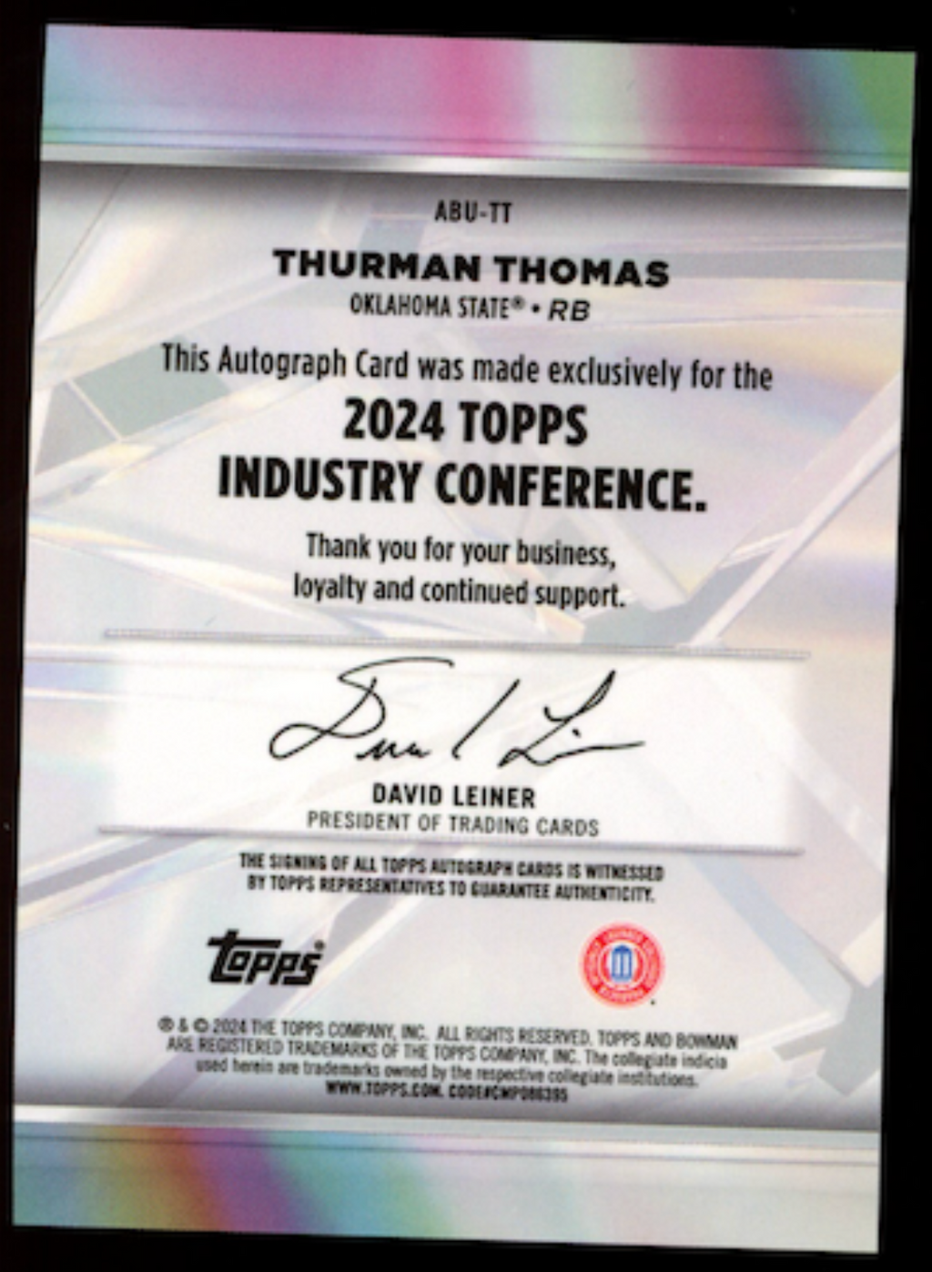 THURMAN THOMAS 2024 Topps Industry Conference Bowman U Auto #ABU-TT OK State