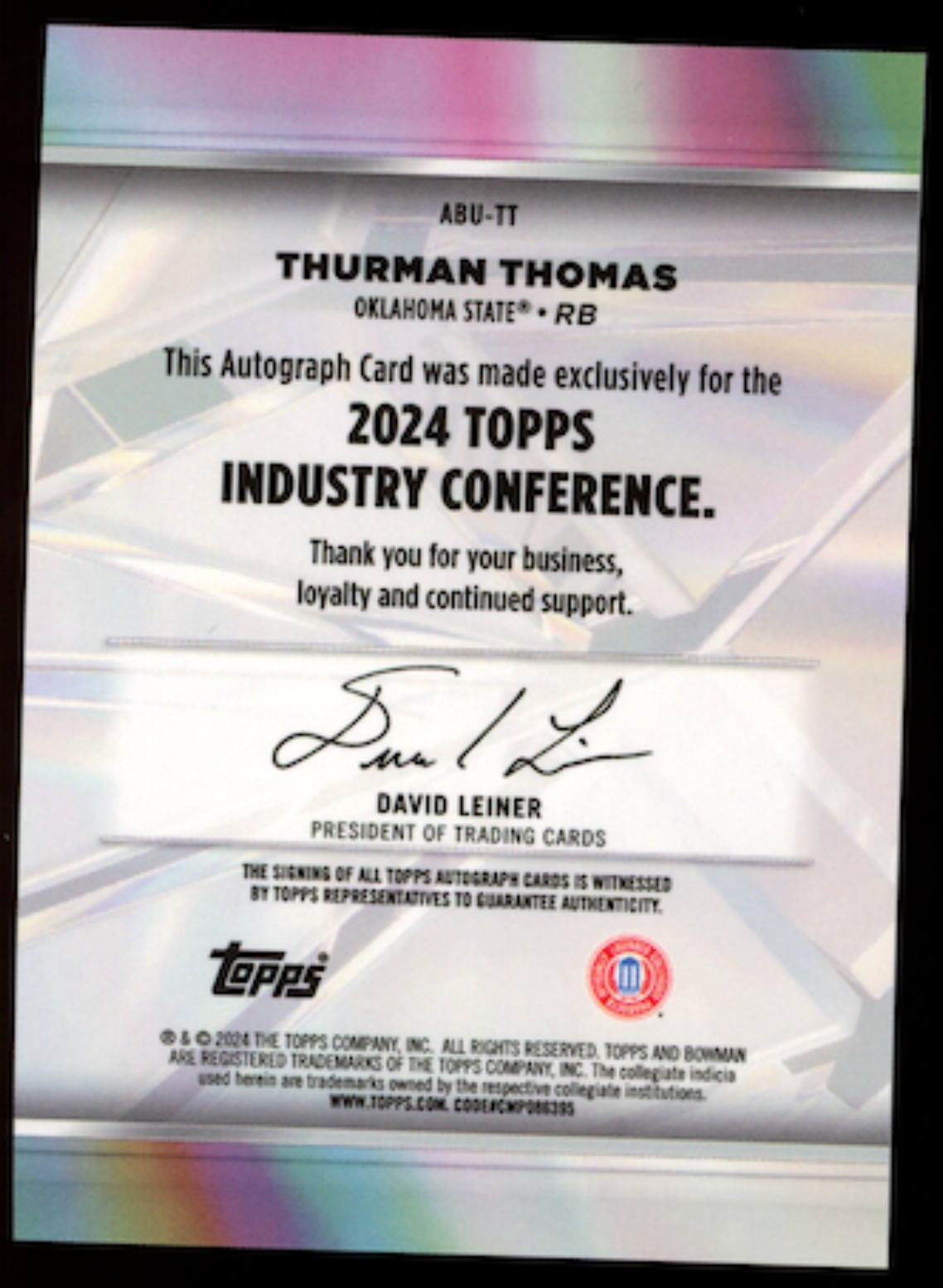 THURMAN THOMAS 2024 Topps Industry Conference Bowman U Auto #ABU-TT OK State