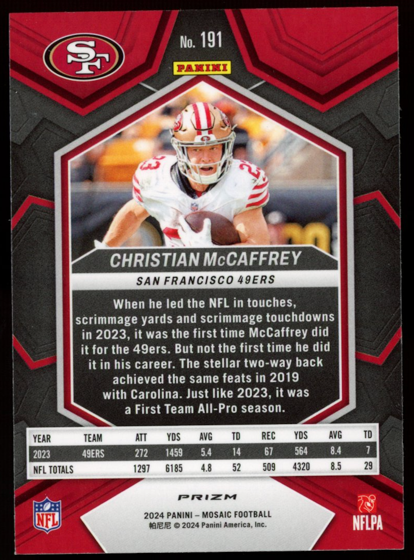 CHRISTIAN MCCAFFREY 2024 Panini Mosaic Genesis Prizm Case Hit SSP #191 49ers