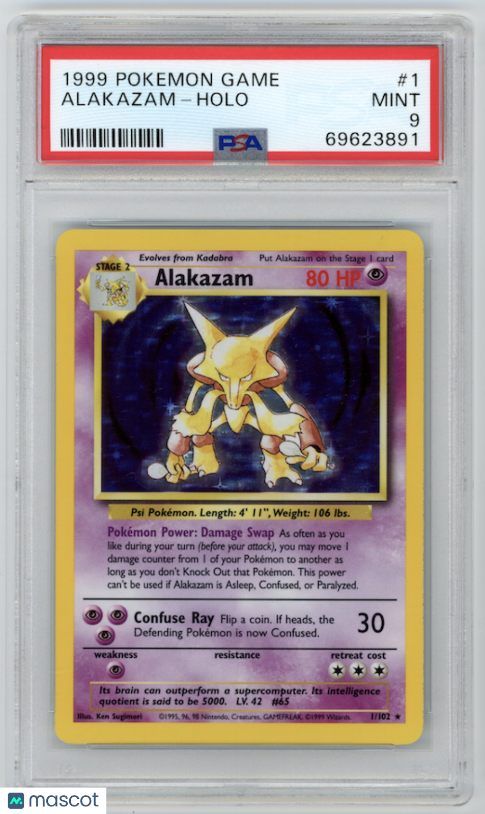 ALAKAZAM 1999 Pokemon Game Holo Rare #1/102 PSA 9