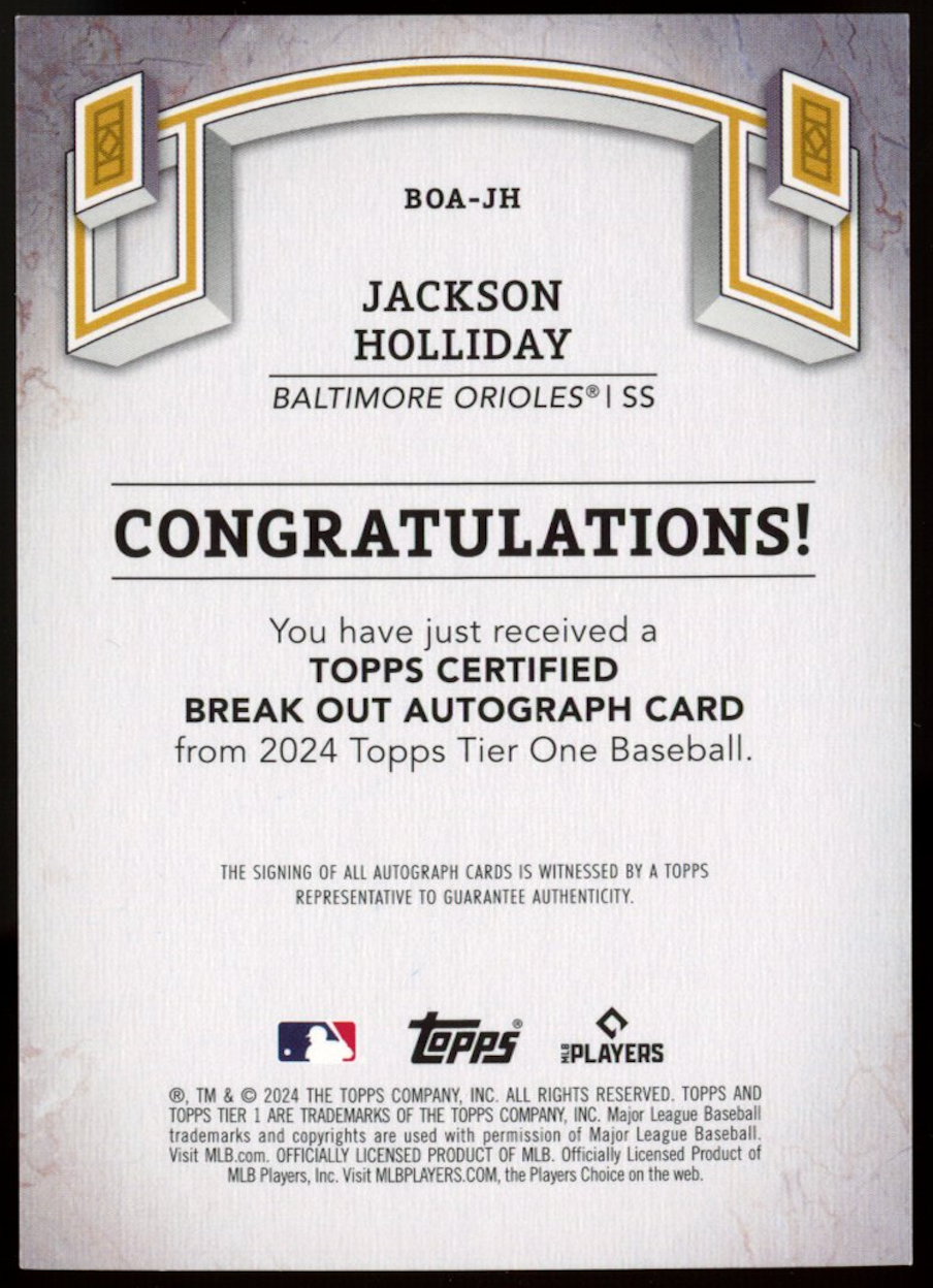 JACKSON HOLLIDAY 2024 Topps Tier One Breakout Rookie Auto Green /49 Orioles