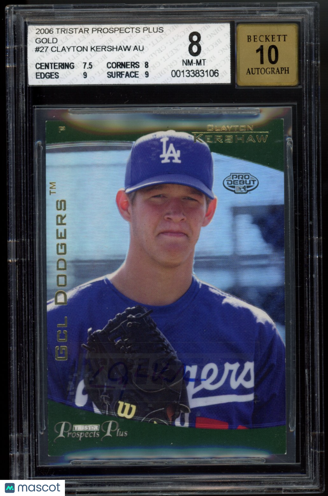 CLAYTON KERSHAW 2006 TRISTAR Prospects Plus Gold Auto /50 Rookie #27 BGS 8