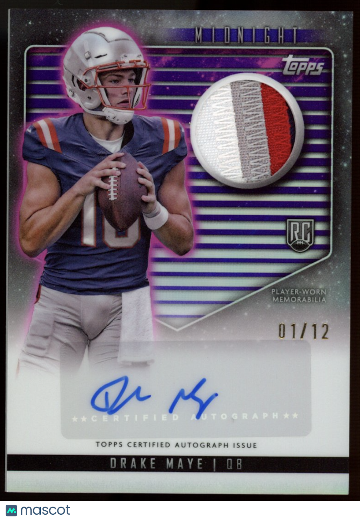 DRAKE MAYE 2024 Topps Midnight Rookie 4 Color Jersey Patch Auto /12 Patriots