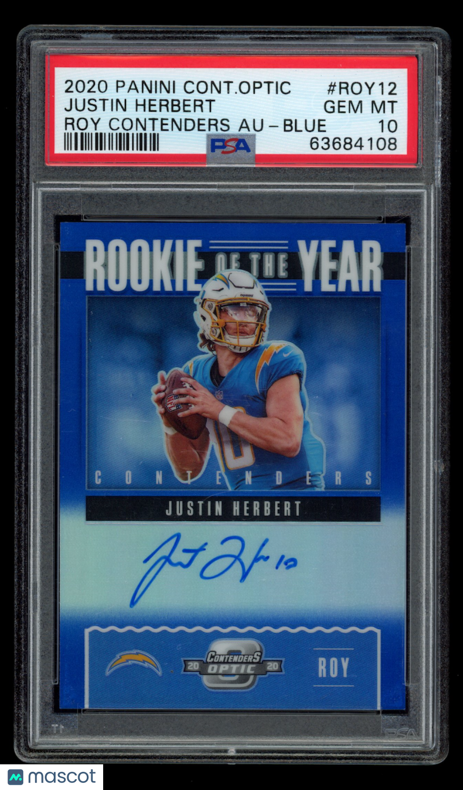 JUSTIN HERBERT 2020 Contenders Optic Rookie Year Auto Blue /75 #ROY12 PSA 10