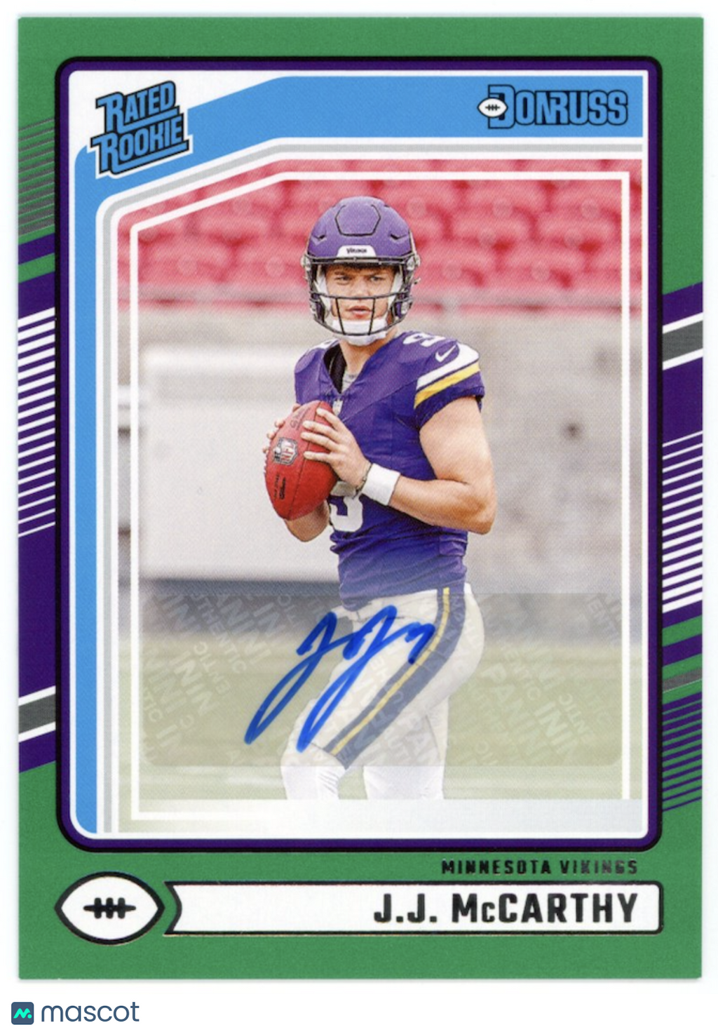 J.J. MCCARTHY 2024 Panini Donruss Rated Rookie Green Press Proof Auto Vikings