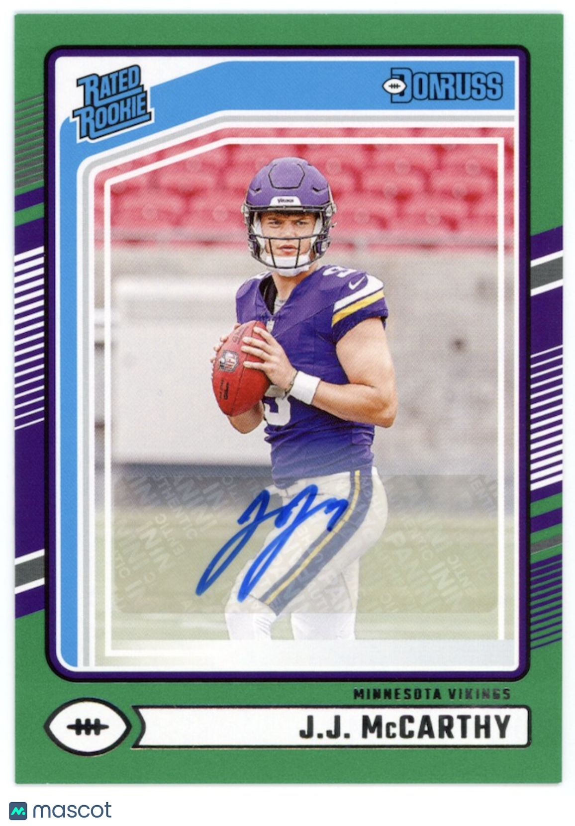 J.J. MCCARTHY 2024 Panini Donruss Rated Rookie Green Press Proof Auto Vikings