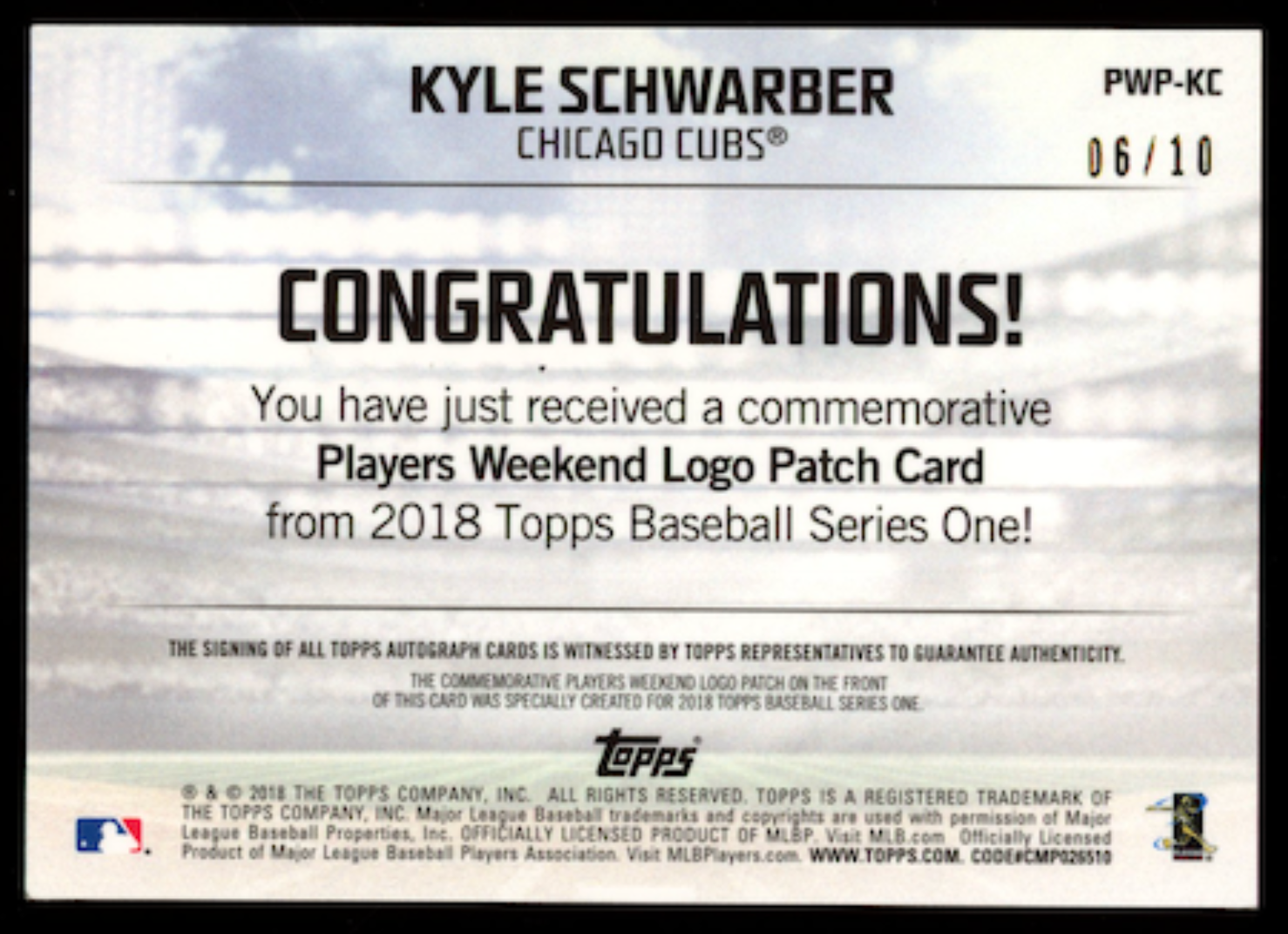 KYLE SCHWARBER 2018 Topps Series One Players Weekend Patch Auto /10 #PWP-KC Cubs