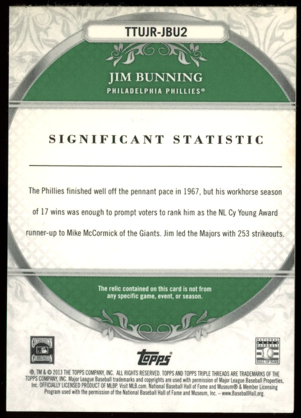 JIM BUNNING 2013 Topps Triple Threads Unity Jumbo Relic Emerald /18 Phillies