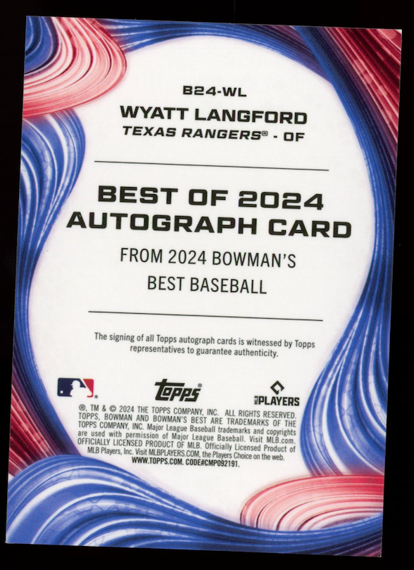 WYATT LANGFORD 2024 Bowman's Best Rookie Auto Blue Refractor /150 Rangers