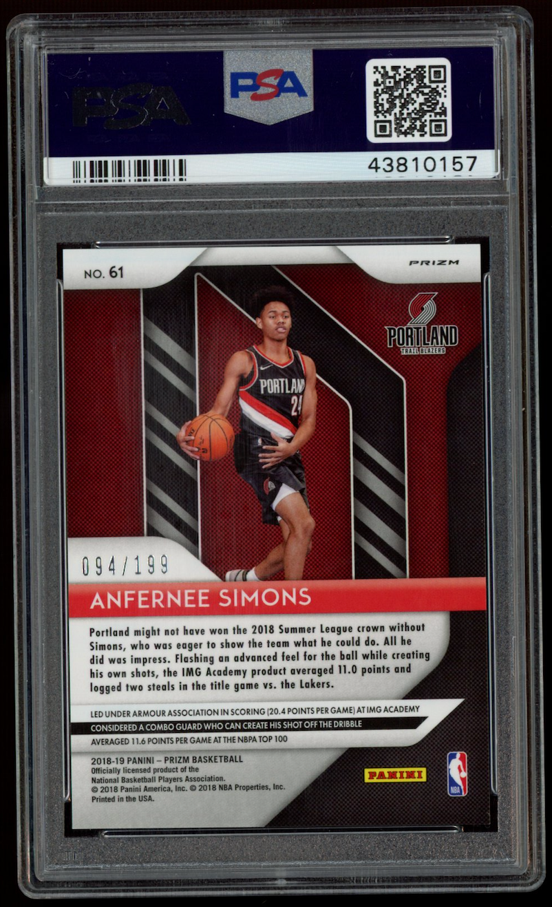 ANFERNEE SIMONS 2018-19 Panini Prizm Rookie Blue /199 PSA 9 #61 Trail Blazers