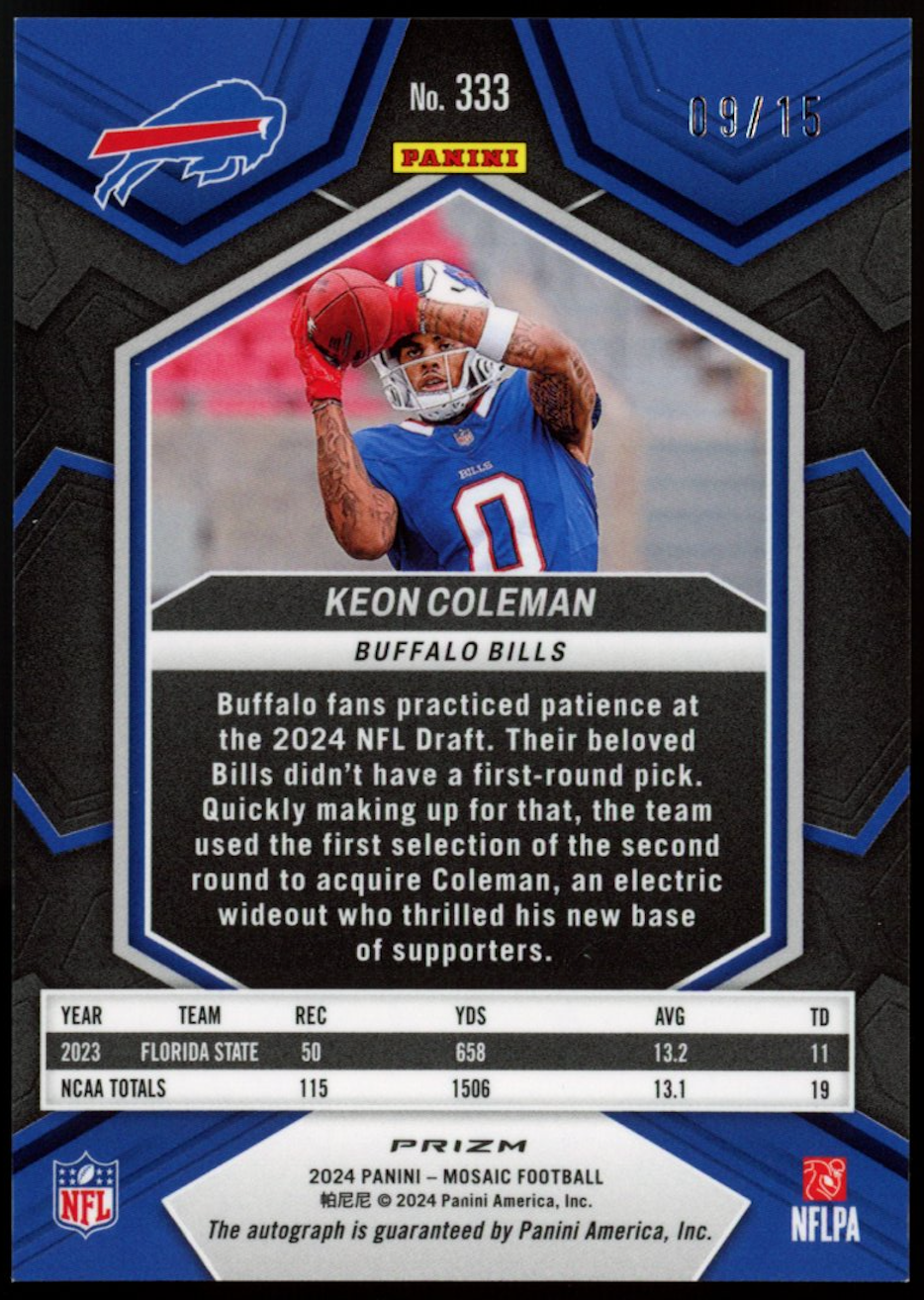 KEON COLEMAN 2024 Panini Mosaic Rookie Auto Green Swirl FOTL Prizm /15 Bills