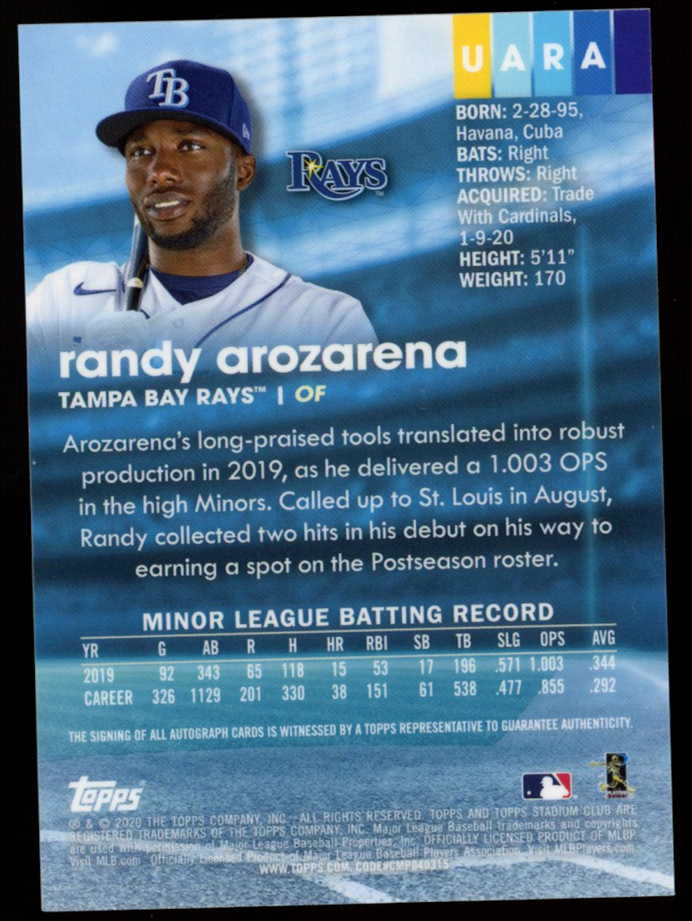 RANDY AROZARENA 2020 Topps Stadium Club Chrome Rookie Refractor Auto Rays