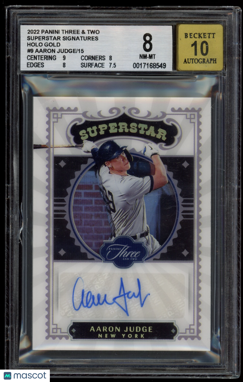 AARON JUDGE 2022 Panini Three Two Superstar Signatures Auto Holo Gold /15 BGS 8