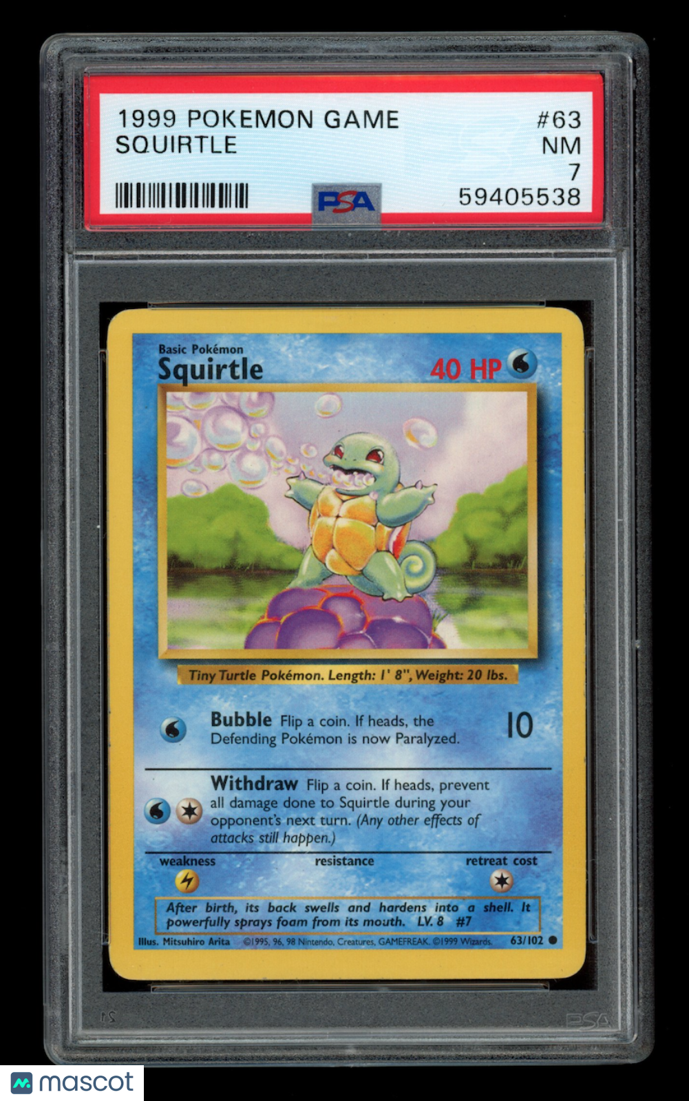 SQUIRTLE 1999 Pokemon Game Base Set Common #63 PSA 7 Near Mint
