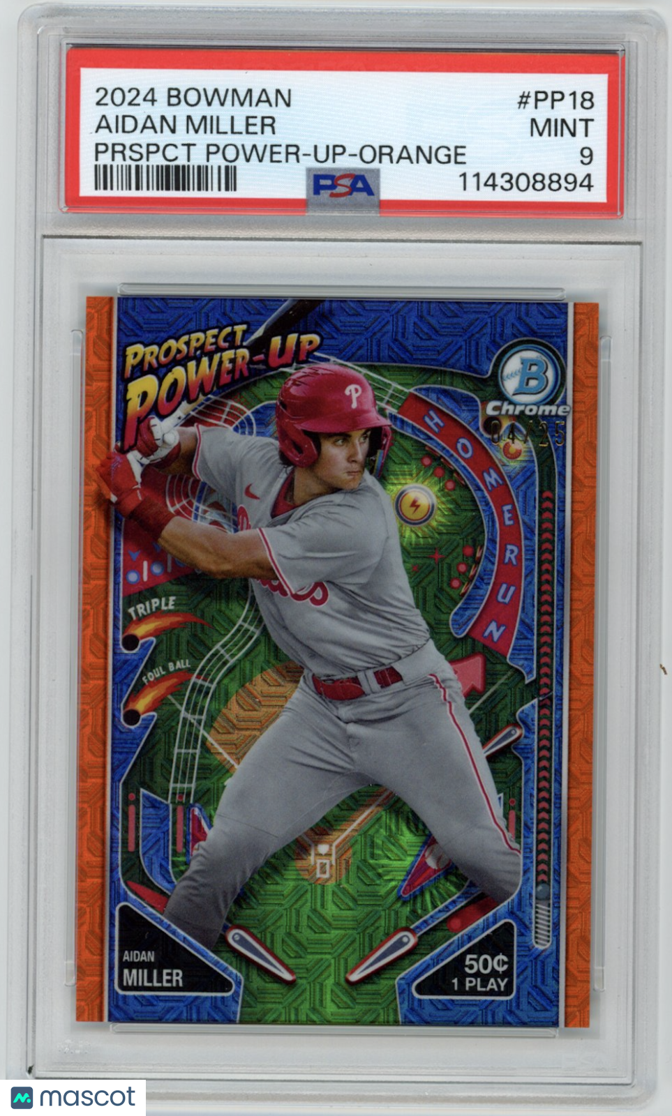 AIDAN MILLER 2024 Bowman Chrome Prospect Power-Up Orange Refractor /25 PSA 9