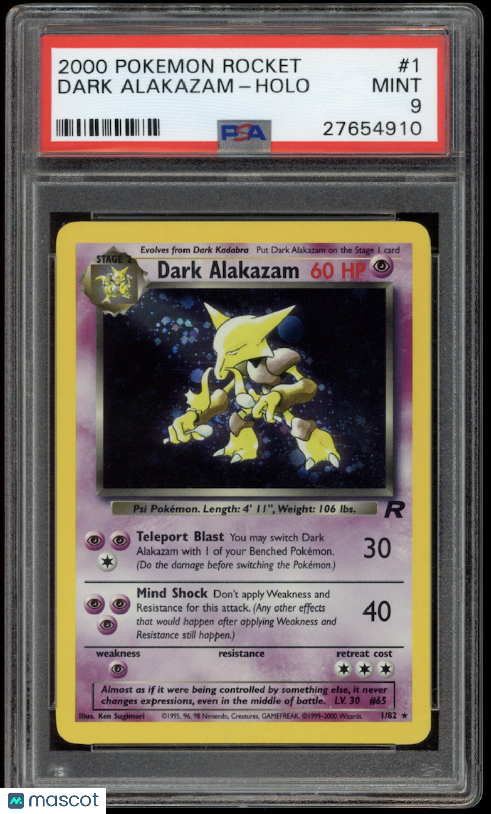 DARK ALAKAZAM 2000 Pokemon Team Rocket #1/82 Holo PSA 9