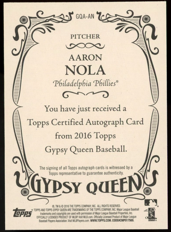 AARON NOLA 2016 Topps Gypsy Queen Rookie Auto Phillies #GQA-AN