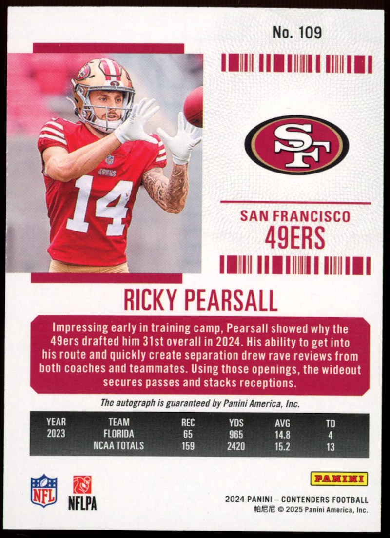 RICKY PEARSALL 2024 Panini Contenders Rookie Ticket Cracked Ice Auto /23 #109